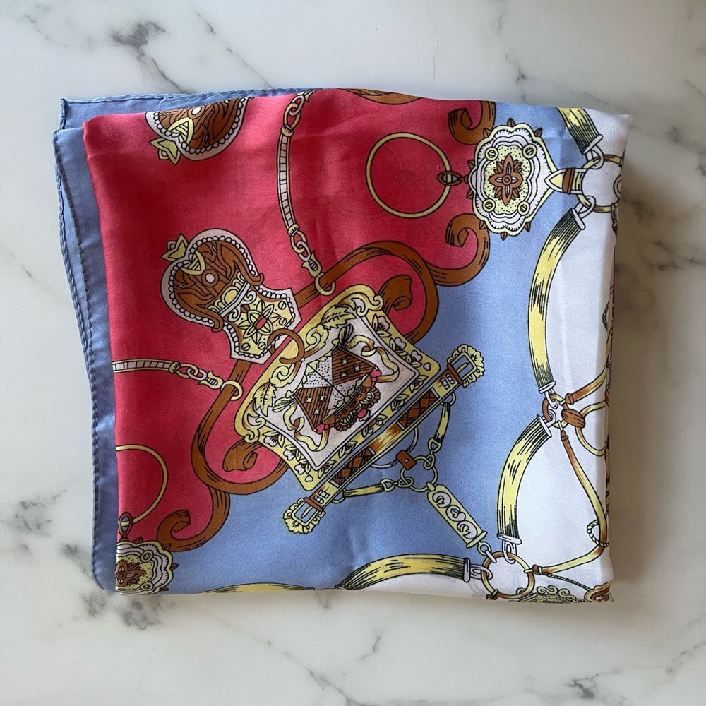 Red and Blue Silk Scarf with Gold Accents